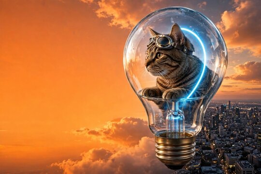 Mysterious Cat Gazing Through Magic Sphere at Sunset Cityscape