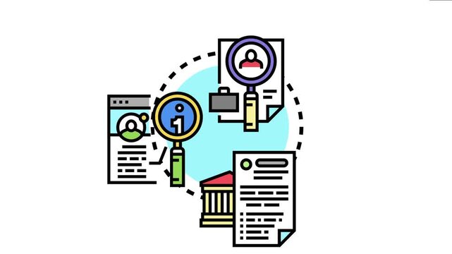 Official authenticity proof concept depicting a process of verifying identity, legal documents, and information using a magnifying glass on an abstract white background