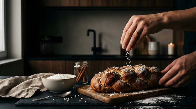 A baker sprinkling pearl sugar over a fresh golden braided challah bread on a wooden board in a dark kitchen.
