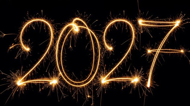 Bright golden light painting of the year 2027 on a dark black background