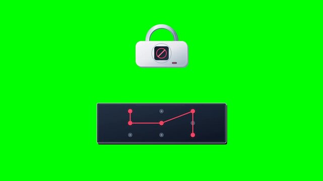 Premium cybersecurity motion graphic animation showing a mobile-style pattern authentication attempt that fails to unlock secure access. A connected node pattern is drawn across a structured grid, but