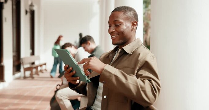 Scroll, student and happy man with tablet for education, academic information or college website. Campus, male person and smile for research with results, assessment or online for module project