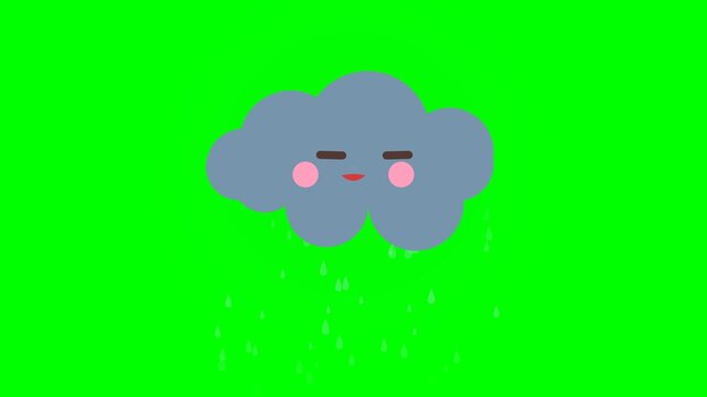 A kawaii storm cloud character experiencing a cycle of angry rumbling, intense lightning bolt flash discharge, and soft relieved cooling rain in a 4K motion graphic loop.