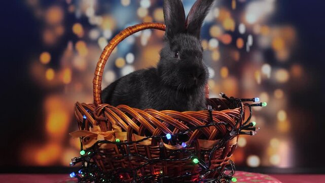 Black rabbit sitting in woven wicker basket with festive string lights and ribbon, warm bokeh background with soft highlights on fur and braided handle