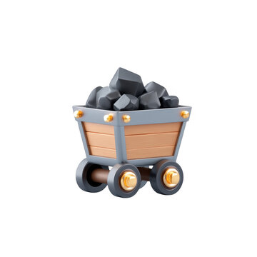 3D Wooden Minecart Full of Dark Ore Icons for Creative Projects, isolated on transparent background.