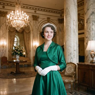 1950年代風の緑のドレスと手袋を身につけた女性