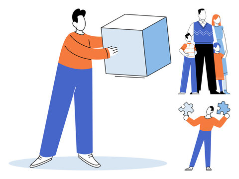 Man holding a cube and puzzle pieces with a family standing together vector illustration. Teamwork, problem solving, family support, unity, cooperation, development. Characters interacting