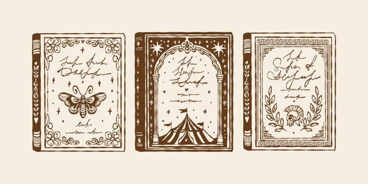 Set of elegant decorative book covers with floral designs. Collection of classic books. Vector brown outline illustration.