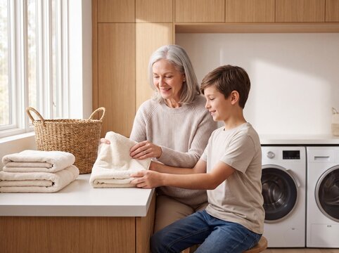 Grandmother and child folding laundry together in bright modern home