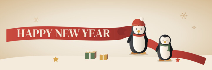 Fototapeta premium Happy New Year festive banner with handcrafted penguin figurines, dimensional ribbon greeting, winter gift details, soft beige backdrop and elegant seasonal typography.
