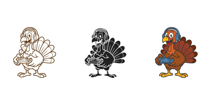 Gamer turkey bird character wearing headphones holding video game controller in three different styles including outline silhouette and colorful cartoon.