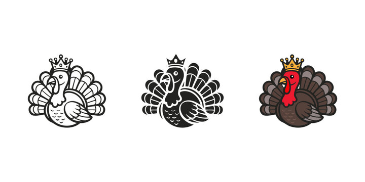 Royal turkey bird wearing gold crown logo collection featuring minimal line black silhouette and colorful detailed version for thanksgiving holiday theme.