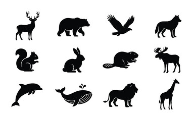 Obraz premium Wild Animal Silhouettes Collection, Diverse Wildlife Icons, Mammal and Bird Vector Graphics, Nature and Fauna Graphics