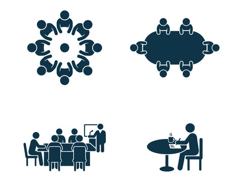 Professional business meeting icons depicting corporate boardroom discussions team collaboration conference tables group communication and office work.