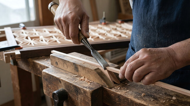 Kumiko craftsman hands trimming wooden lattice strip with chisel on guide block
