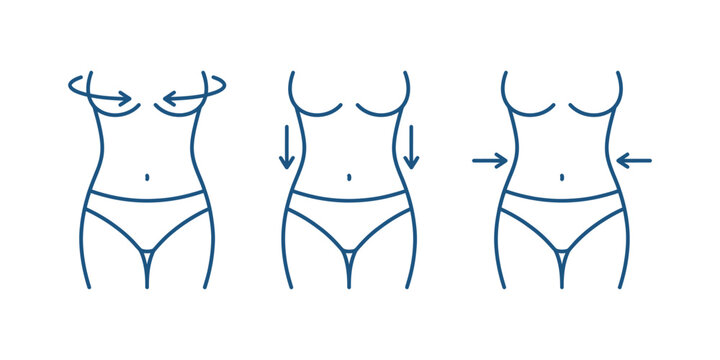 Female body shape adjustment concept icons showing slimming contouring and breast lifting procedures with arrow lines for plastic surgery fitness beauty.