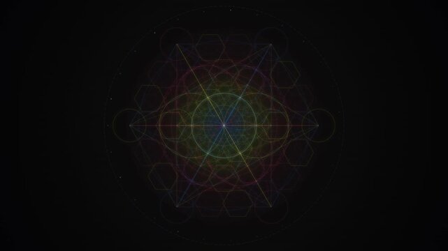 Intricate geometric mandala pattern glows with neon colors on dark background