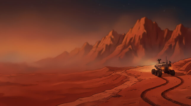Digital illustration of a Mars rover exploring the red planet with mountains in the background