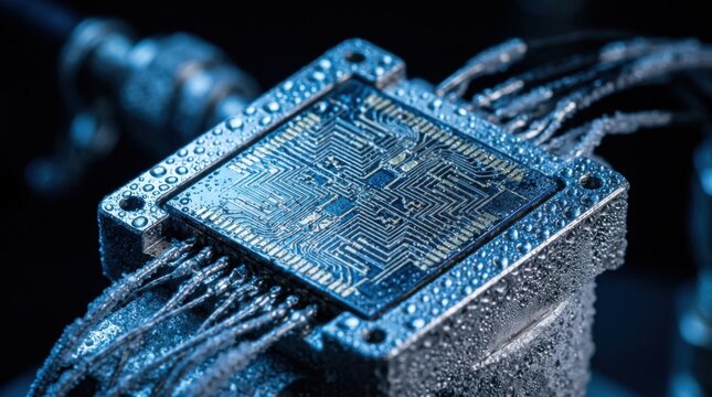 Macro view of a quantum chip's etched circuit lattice with condensation forming on its metal mount under blue light
