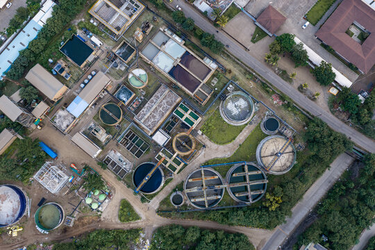 Aerial view of the Remondis ETP Plant featuring circular settling tanks, aeration basins, and industrial infrastructure, Chakan, Maharashtra, India.
