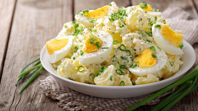 Homemade creamy potato salad with hard boiled eggs, mayonnaise and fresh chives