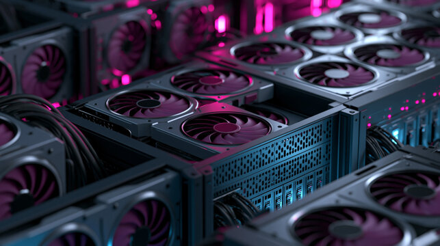 High-density GPU mining rig with multiple graphics cards in neon-lit server farm
