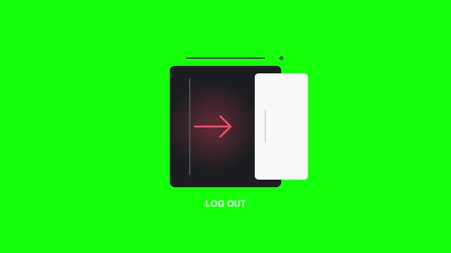 Logout animation sequence showing red arrow, split panels, and device transitions