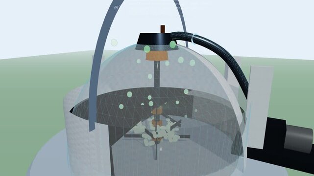 3D animation of an anaerobic biogas dome illustrating biological methanogenesis where organic substrate is converted into biomethane and electricity for clean grid distribution