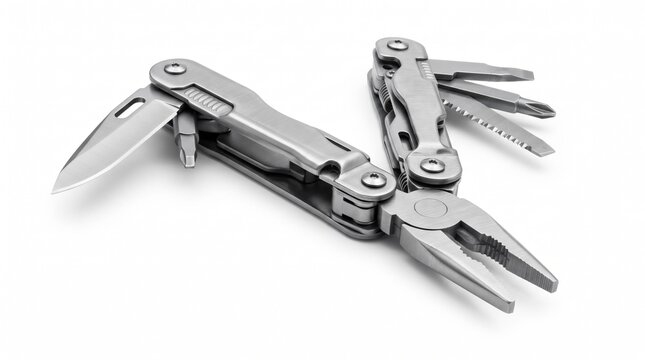 Tactical stainless steel multi-tool unfolded on white