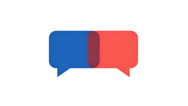 Two overlapping speech bubbles in blue and red colors creating a dark purple intersection, isolated on a clean white background for