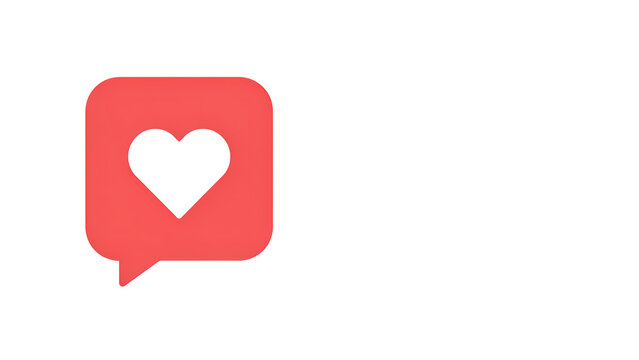Red speech bubble with a white heart symbol inside, isolated on a white background, flat for social media likes