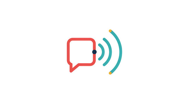 Red speech bubble with teal radio signal waves, isolated on a white background, flat for communication concepts