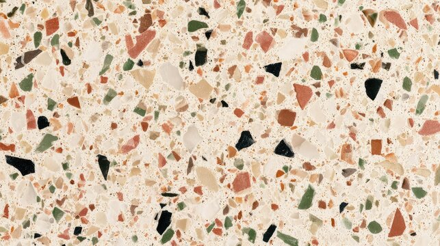 a close up of a mosaic kitchen backsplash with a mix of marble like stone tiles in various shades of gray, white, and black, interspersed with irregularly shaped