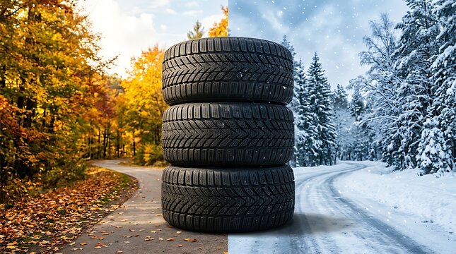 Stack of car tires against a background split between autumn foliage and winter snowy landscape