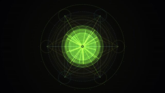 Glowing green geometric patterns form a symmetrical mandala on a dark background