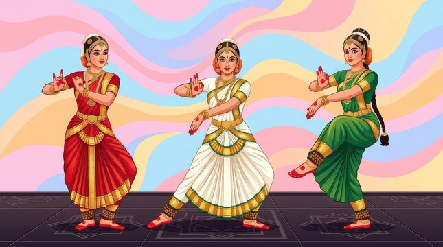 Illustration of Three Indian Women Performing Traditional Classical Dance in Colorful Saris with Mudras and Jewelry