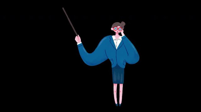 Business Woman Explaining with Pointer, Presentation and Educational Animation