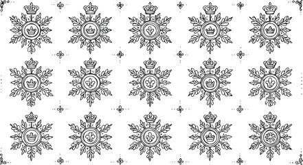 Intricate vector illustration featuring vintage royal crowns, elegant fleur de lis symbols, ornate botanical snowflakes, and classic hand drawn linework patterns in black. © Nimy_