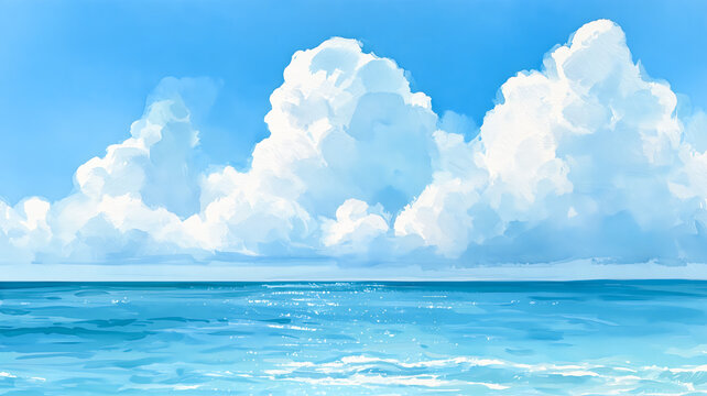 青い海と大きな入道雲が広がる夏空の水彩イラスト