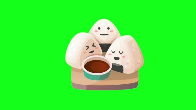 Flat vector animated rice ball  a green screen background