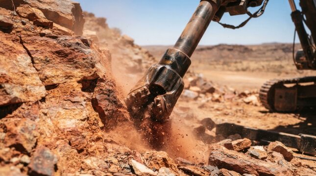 Rotary drill bit boring into reddish sandstone strata under an arid desert sky, symbolizing uranium ore extraction and mining exploration.