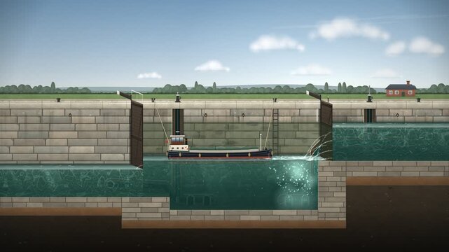 Canal Lock Cutaway Barge Rising Through Filling Chamber Seamless Loop