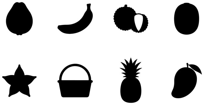 Tropical fruit silhouettes set with banana, pineapple, mango, lychee and starfruit for food icons
