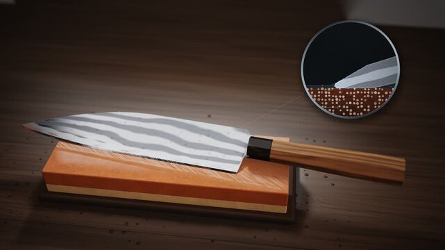 Chef Knife Sharpening On Wet Whetstone With Edge Cross Section Seamless Loop