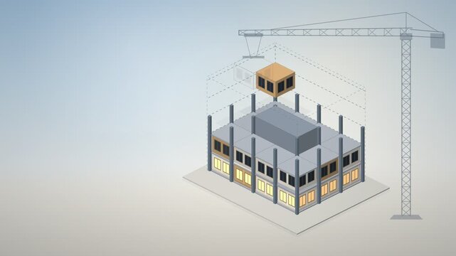 Modular Prefab Building Construction With Isometric Modules Stacking Animation