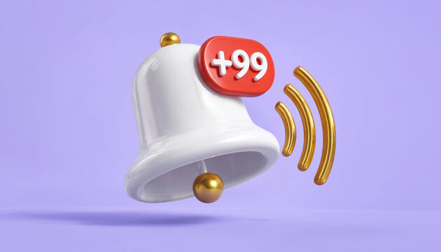 Notification bell with plus ninety nine alert symbol ringing on purple background representing digital alerts and engagement
