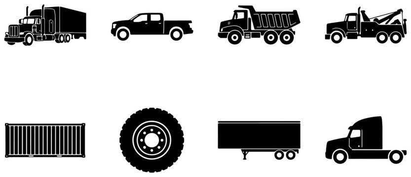 Truck silhouettes set with semi-trailer truck, pickup, dump truck, tow truck and cargo container for logistics and transport logos