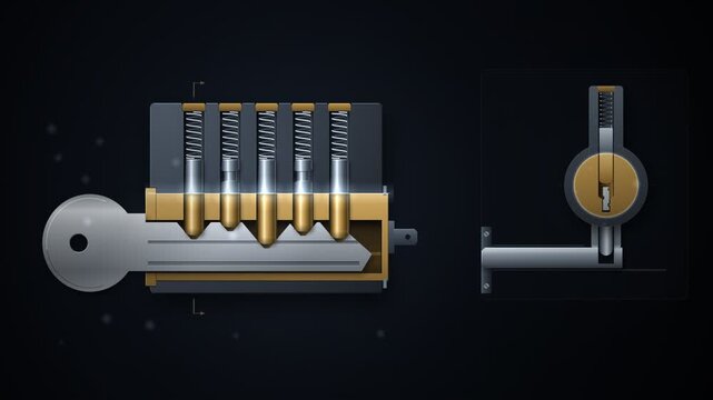 Pin Tumbler Lock Cutaway With Key Turning Cylinder Seamless Loop