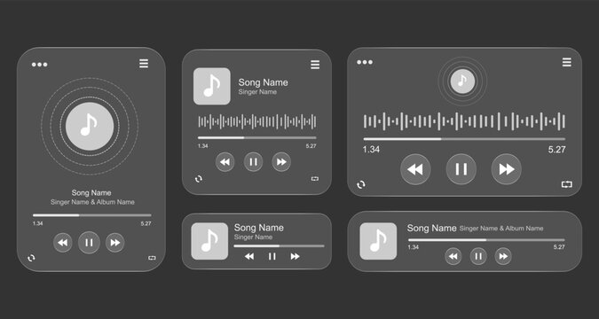 Glassmorphism music player UI interface widgets and media player templates with modern translucent design