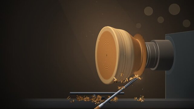 Wooden Bowl Turned On Lathe With Curling Wood Shavings Animation